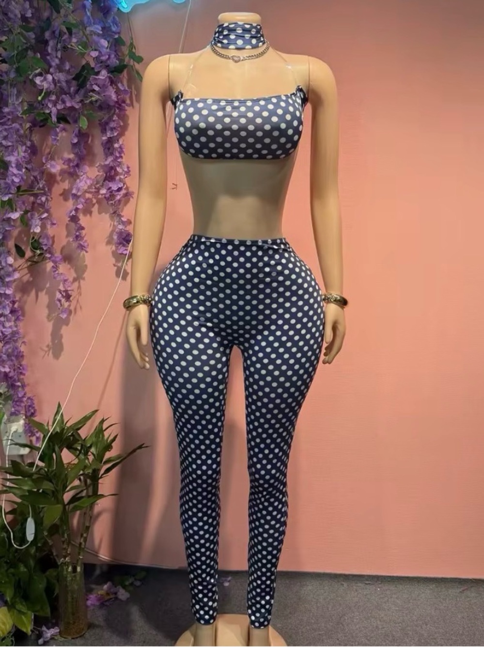 Polka Dot Navy Two-Piece Crop Top & High-Waist Leggings Set